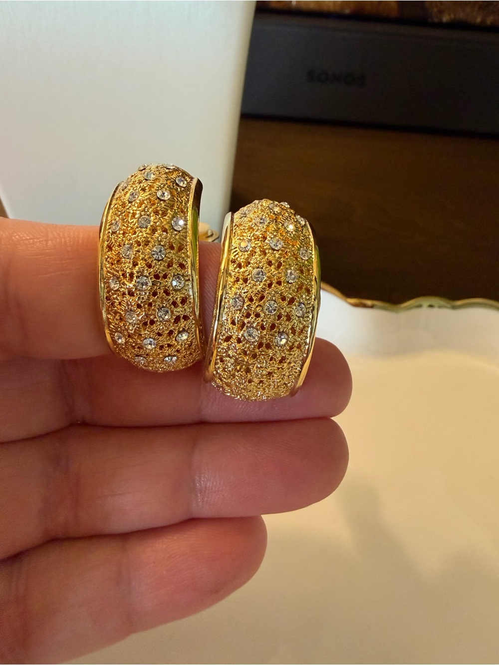 Vintage Gold Tone Half Hoop Scattered Rhinestone Clip On Earrings